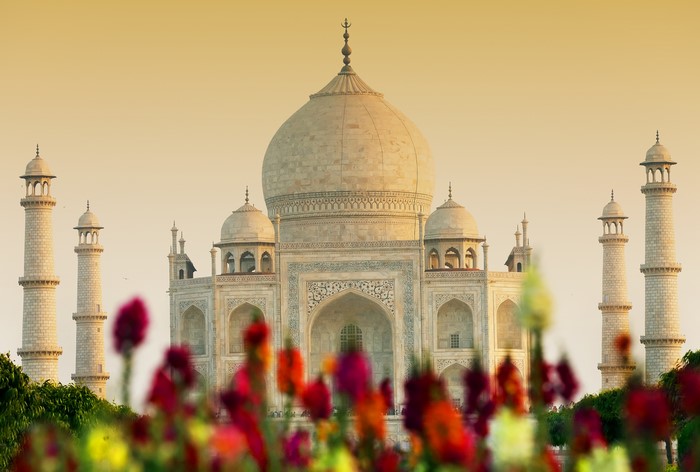 The classic close up view of the marble Taj Mahal