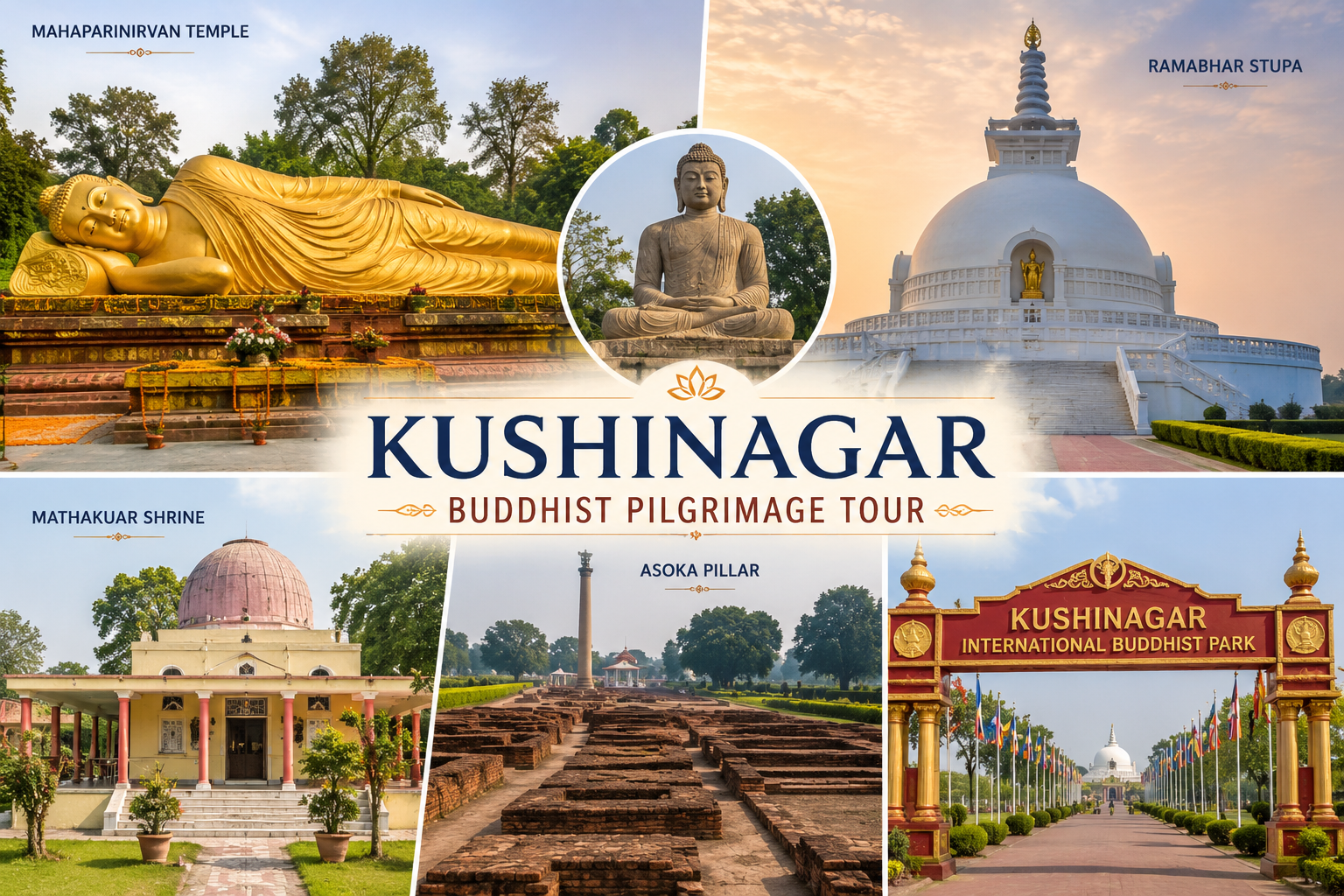 The serene golden Reclining Buddha statue at Kushinagar